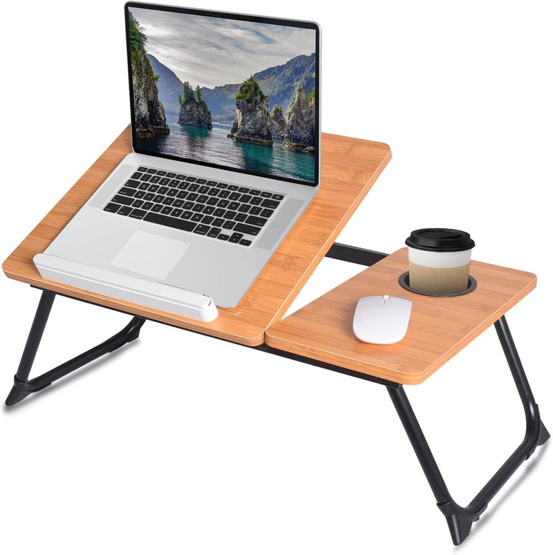 wishacc Adjustable Laptop Bed Table with Book Stand, Portable Reading Desk with Side Panel, Wood Grain - Image 1